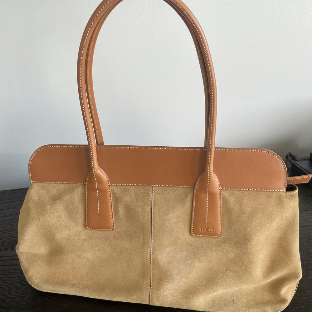Tods Camel Leather and Suede Shoulder Bag